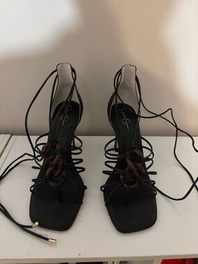 Jessica Simpson Black Lace-Up Heels with Tortoiseshell Links